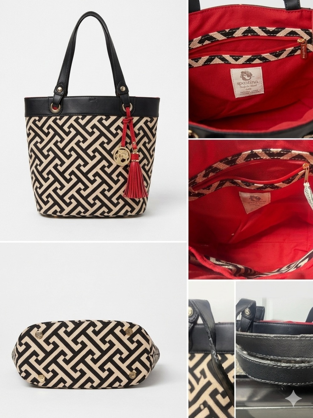 Spartina 449 Black & Cream Geometric Tote with Red Tassel Charm
